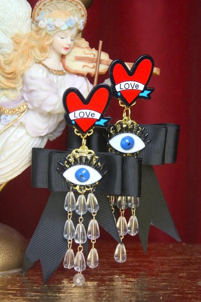 SOLD! 2884 Designer Inspired Black Bow Red Heart Eye Runway Earrings