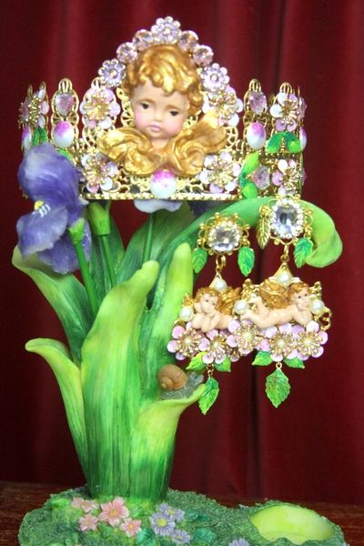 SOLD! 2886 Set Of Baroque Cherub Putti Hand Painted Crown Tiara+ Earrings