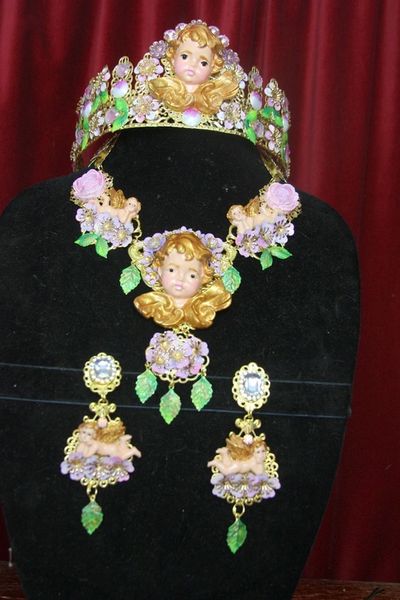 SOLD! 2888 Total Baroque Faced Hand Painted Rose Cherubs Angel Studs Earrings