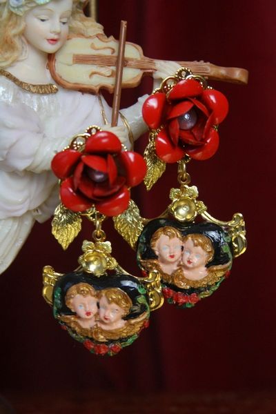 SOLD! 2898 Hand Painted Rococo Black Heart Red Rose Studs Earrings