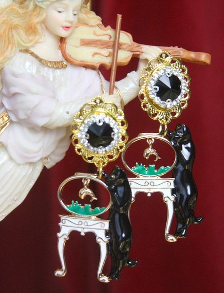 SOLD! 2900 Unusual Baroque Enamel Victoran Cat Fish Earrings