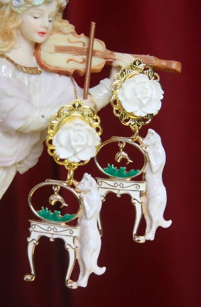 SOLD! 2901 Unusual Baroque White Enamel Victoran Cat Fish Earrings