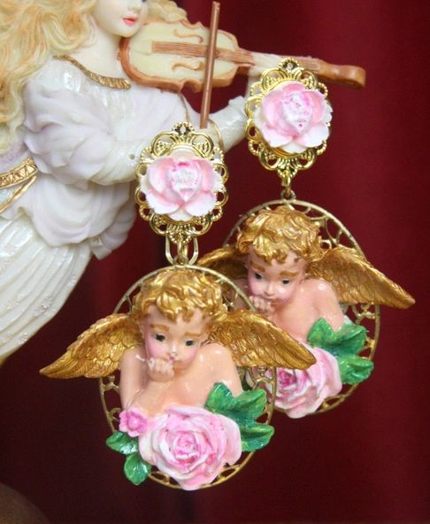 SOLD! 3513 Total Baroque Hand Painted Black Crystal Cherubs Angel Studs Earrings