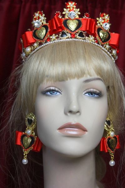SOLD! 2924 Set Of Baroque Bow Black Heart Flower Pearl Crown Tiara+ Earrings