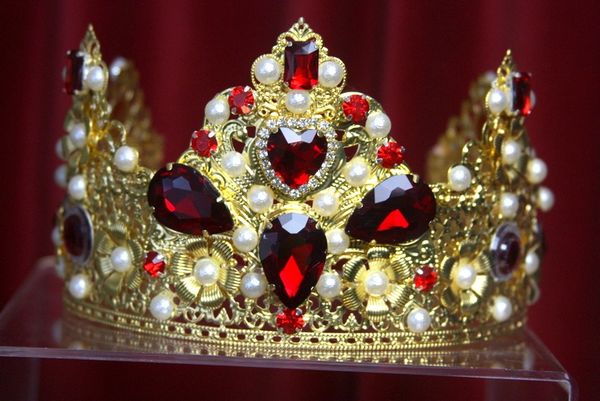 SOLD! 2925 Stunning Red Crystal Heart Pearl Crown Tiara