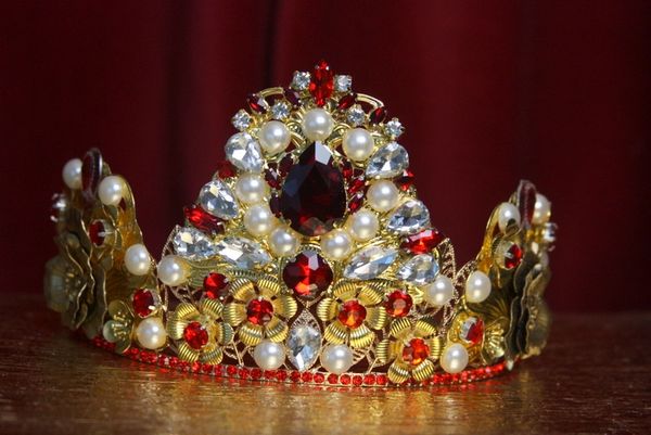 SOLD! 2923 Baroque Red Crystal Pearl Crown Tiara