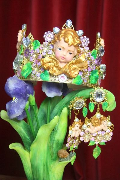 SOLD! 2942 Set Of Hand Painted Cherub Putti Lavender Flower Headband Crown+ Earrings