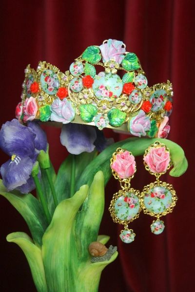 SOLD! 2943 Victorian Cameo Flower Hand Painted Set Headband+ Earrings