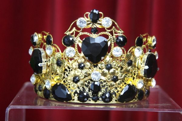 SOLD! 2945 Baroque Black Heart Crystal Flower Tall HEadband Crown