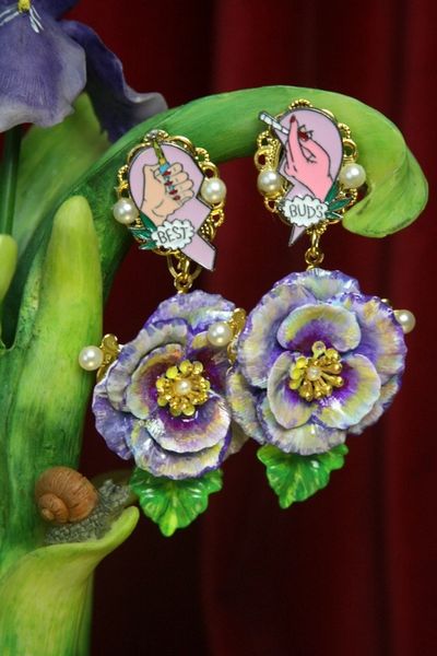 SOLD! 2947 Hand Painted Best Buds Violet Flower Pearl Studs Earrings