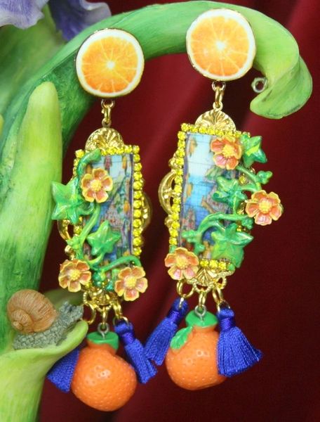 SOLD! 2952 Sicilian Tile Taormina Print Orange Fruit Tassel Studs Earrings