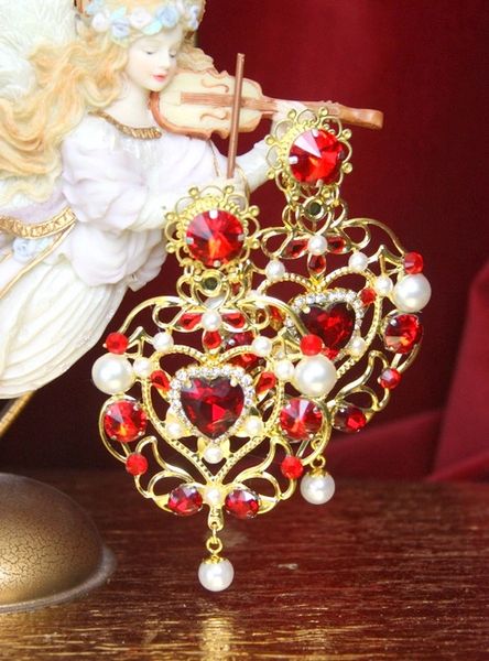 SOLD! 2956 Total Baroque Alta Moda Massive Red Crystal Heart Earrings