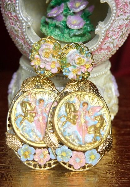 SOLD! 2964 Hand Painted Victoran Goddess Horses Flower Studs Earrings