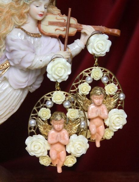 SOLD! 3606 Total Baroque Faced Hand Painted Red Rose Cherubs Angel Studs Earrings