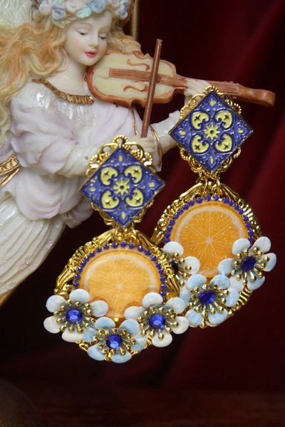 SOLD! 2971 Orange Fruit Baroque Hand Painted Flower Sicilian Tile Earrings