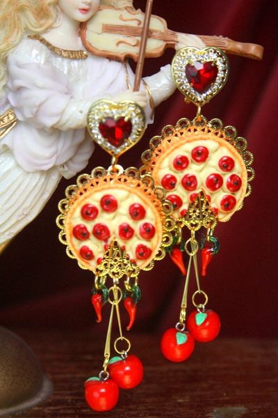 SOLD! 2972 Baroque Italian Pizza Chilly Tomatos Crystal Studs Earrings