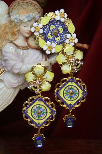 SOLD! 2974 Sicilian Tile Enamel Flower Bee Blue Crystal Studs Earrings