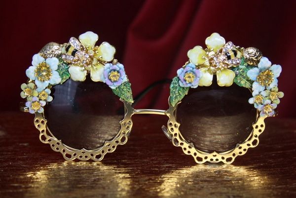 SOLD! 2976 Baroque Enamel Flower Bee Hand Painted Round Gold Filigree Sunglasses
