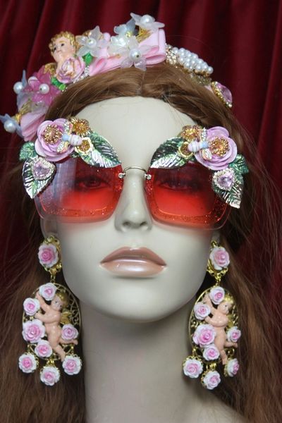 SOLD! 2977 Hot Pink Hand Painted Roses Leaf Bee Baroque Sunglasses