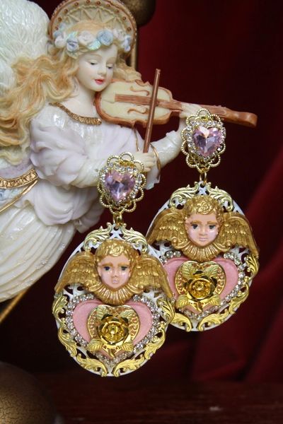 SOLD! 2982 Baroque Hand Painted Cherub Angel Pink Crystal Heart Earrings Studs