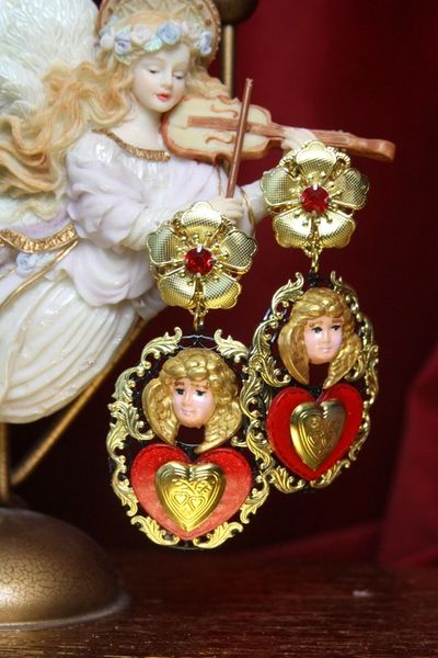 SOLD! 2983 Total Baroque Massive Hand Painted Heart Red Crystal Studs Earrings