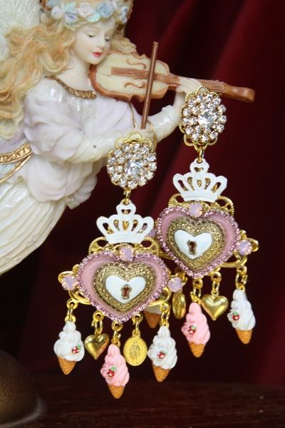 SOLD! 2989 Baroque Heart Ice Cream Hand Painted Crystal Studs Earrings