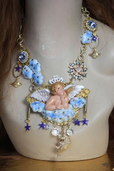 SOLD! 2995 Baroque Hand Painted Cherub Putti In Clouds Moon Stars Necklace Set