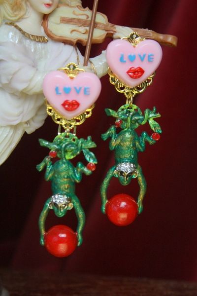 SOLD! 3002 Designer Inspired Hand Painted Green Monkey Heart Earrings Studs