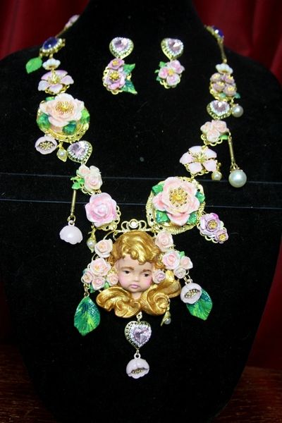 SOLD! 3008 Total Baroque Hand Pained Long Cherub Putti Necklace Set