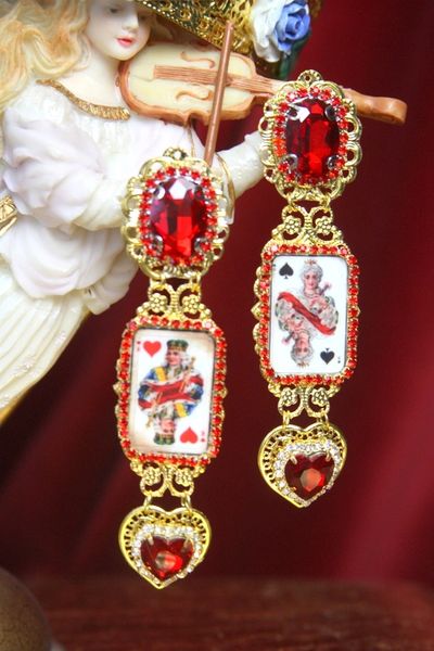 SOLD! 3020 Playing Cards King Queen Red Crystal Earrings