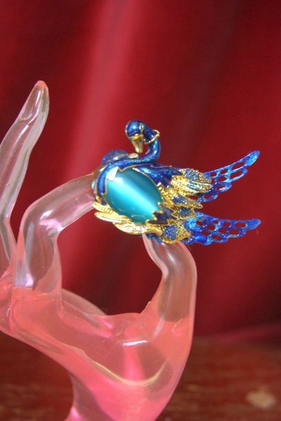 SOLD! 3023 Art Nouveau Hand Painted Enamel Blue Swan Adjustable Cocktail Ring