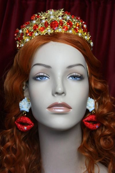 SOLD! 3033 Massive Crystal Red Lip Crown Earrings