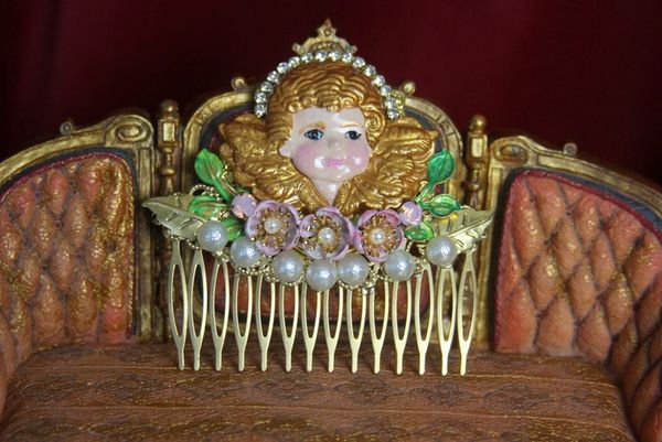 3035 Adorable Hand Painted Roses Pearl Cherub Comb