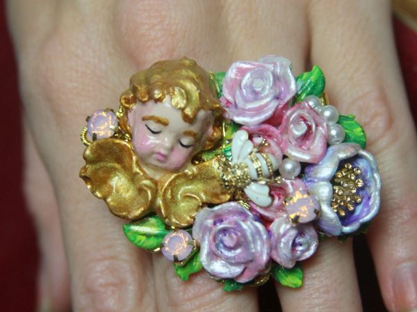 SOLD! 3036 Total Baroque Hand Painted Cherub Putti Flowers Ring