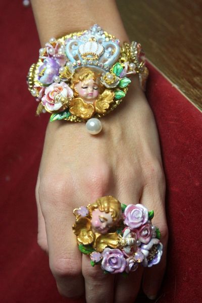 SOLD! 3037 Total Baroque Hand Painted Cherub Putti Crystal Roses Bracelet