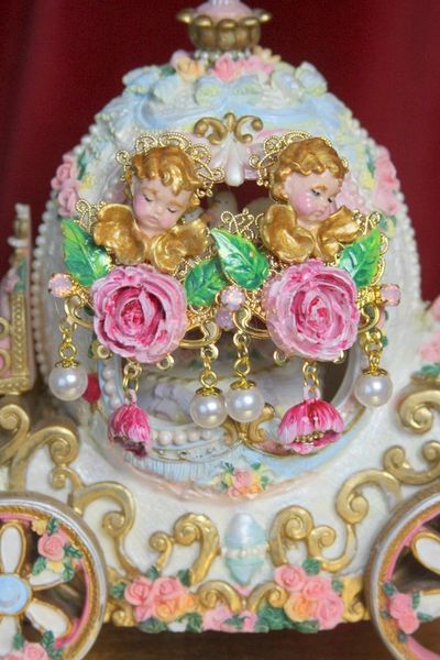 SOLD! 3040 Total Baroque Hand Painted Massive Cherub Angel Roses Pearl Earrings Studs