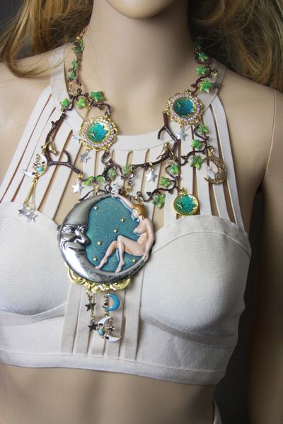SOLD! 3041 Set Of Peculiar Hand Painted Huge Lady On a Moon Unusual NEcklace+ Earrings