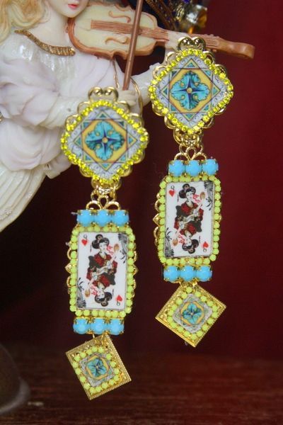 SOLD! 3046 Asian Queen Of Hearts Playing Cards Mosaic Earrings Studs