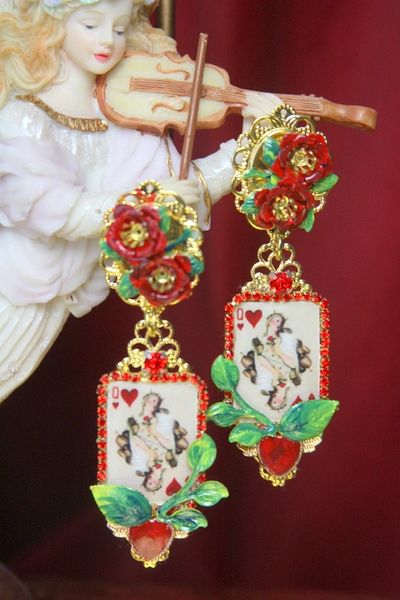SOLD! 3047 Renaissance Queen OF Hearts Roses Fancy Earrings Studs