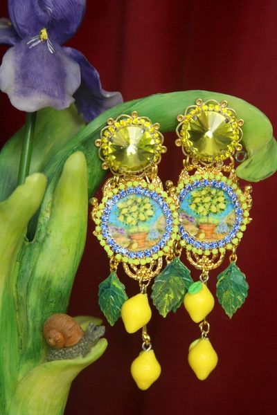SOLD! 3050 Lemon Vase Siciliam Print Tile Leaf Crystal Studs Earrings