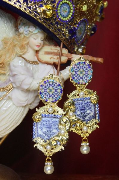 SOLD! 3054 Blue Vase Baroque Sicilian Tile Print Fancy Earrings