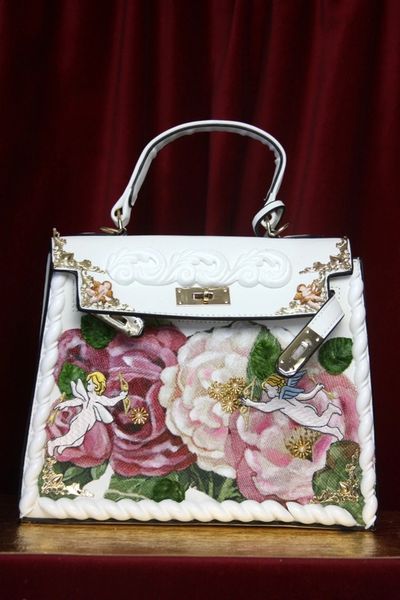 SOLD! 3058 Genuine Leather Baroque Hand Painted Tapestry Cherubs Applique Handbag