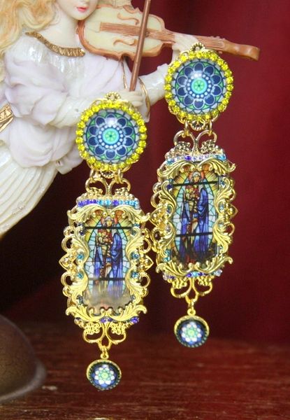 SOLD! 3057 Massive Church Stained Glass Print Stunning Earrings