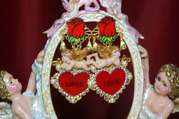 SOLD! 3063 Massive Baroque Red Heart Rose Hand Painted Earrings