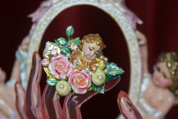 2921 Total Baroque Hand Painted Cherub Putti Flowers Ring