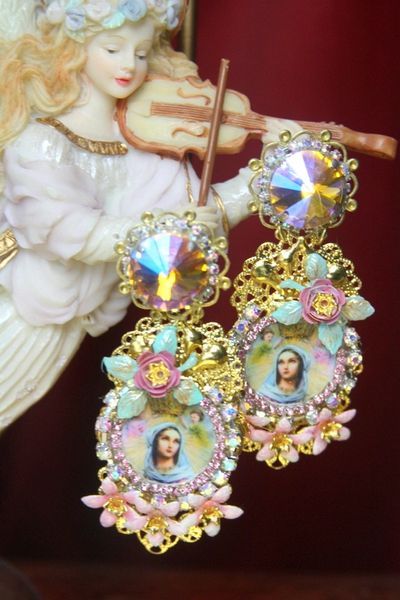 SOLD! 3083 Virgin Mary Hand Painted Flowers Crystal Cameo Earrings