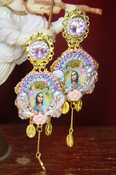 SOLD! 3084 Virgin Mary Madonna Pink Crystal Coin Earrings Studs