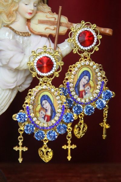 SOLD! 3085 Virgin Mary Blue Crystal Red Cross Studs Earrings