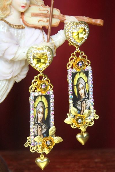 SOLD! 3091 Virgin MAry Heart Tall Crystal Earrings studs