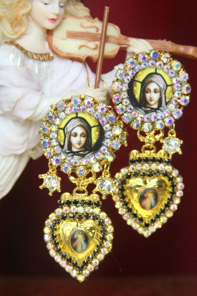 SOLD! 3092 Virgin Mary Madonna Church Cameo Heart Earrings